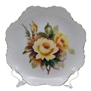 Vintage Lefton China Porcelain Scalloped Wall Plate Yellow Roses Gold Trim 6926